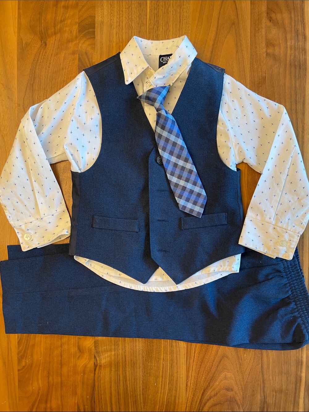 Chaps Boys Navy Vest, Pants & Plaid Blue Tie Set